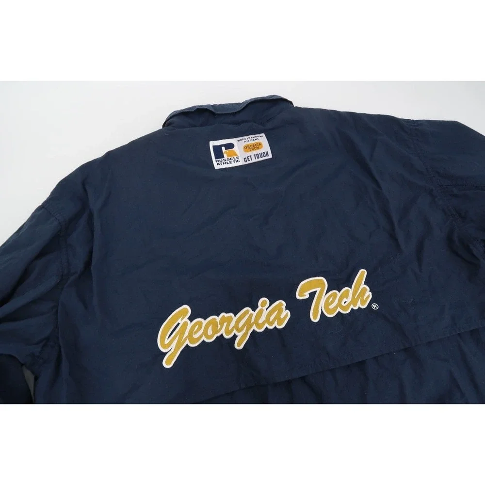 Vintage 90s Georgia Tech‎ Mens Large 1/2 Zip Jacket Hood Russell Athletic Navy